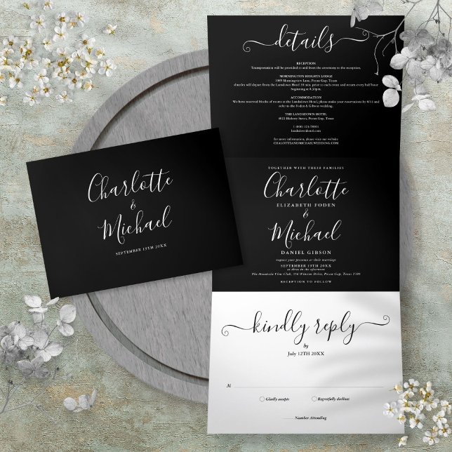 Invitation Trois Volets Mariage Monogramme Élégant en Noir et Blanc Script (Black And White Elegant Script Monogram Wedding Tri-Fold Invitation)
