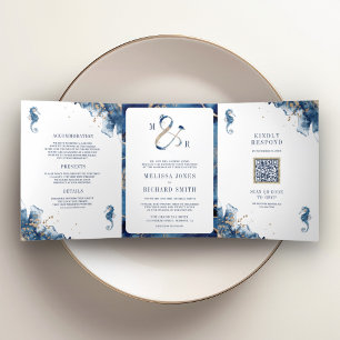 Invitation Trois Volets Mariage Monogramme Marin de la Marine & Code QR