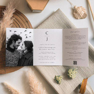 Invitation Trois Volets Mariage Monogramme moderne noir blanc photo QR Cod