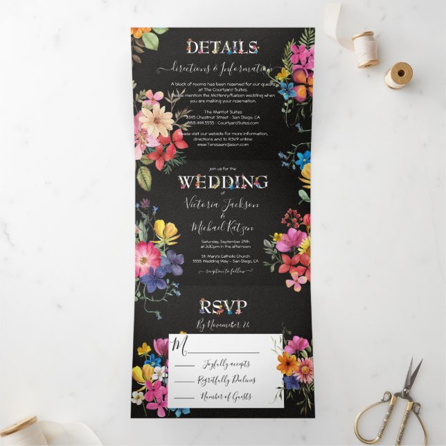 Invitation Trois Volets Mariage Moody foncé de Fleurs pressées (Intérieur)