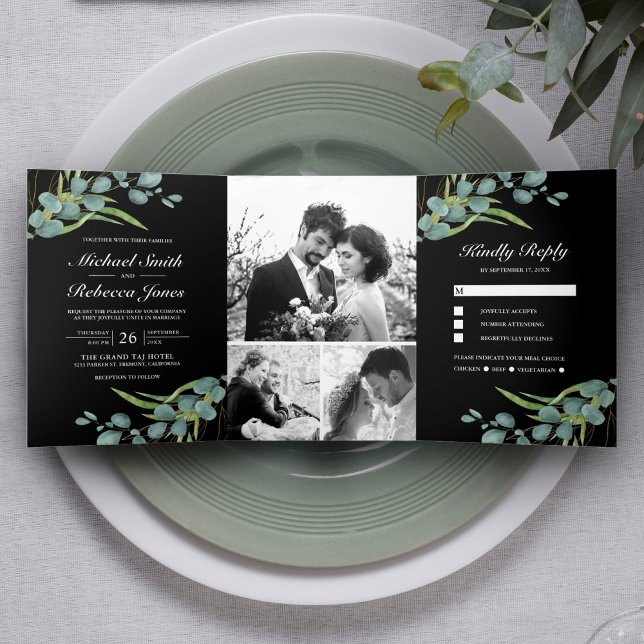 Invitation Trois Volets Mariage noir au collage photo d'eucalyptus rustiqu (Créateur téléchargé)