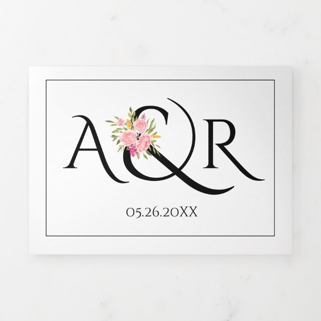 Invitation Trois Volets Mariage noir blanc, orange et rose rose roses (Page de couverture)