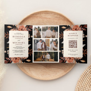 Invitation Trois Volets Mariage noir code QR floral crème et terre cuite