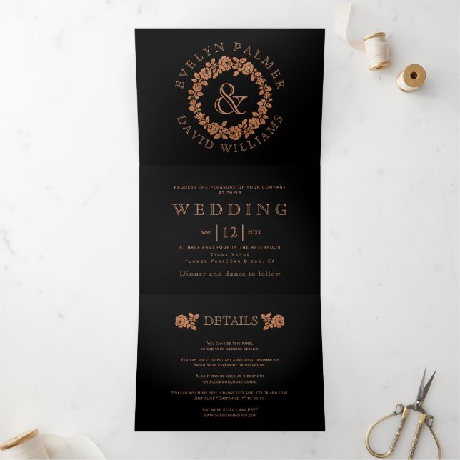 Invitation Trois Volets mariage noir de rose de parties scintillant en cui (Intérieur)