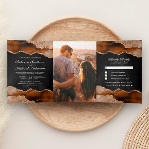 Invitation Trois Volets Mariage noir en marbre orange vif