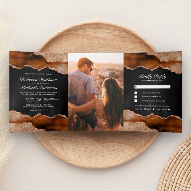 Invitation Trois Volets Mariage noir en marbre orange vif (Créateur téléchargé)