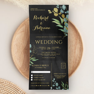 Invitation Trois Volets Mariage Noir Feuilles d'Eucalyptus de Branche Doré