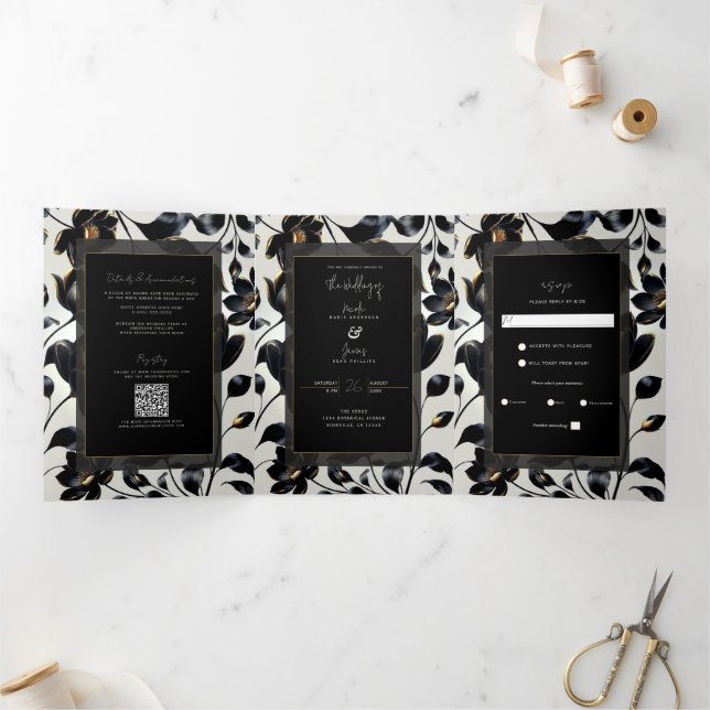 Invitation Trois Volets Mariage noir & or Floral Greige (Intérieur)