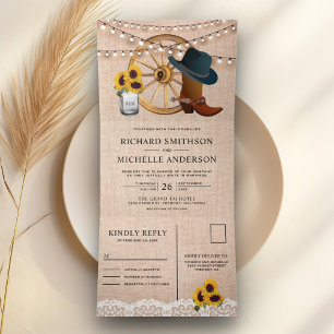 Invitation Trois Volets Mariage occidental cow-boy tournesols toile de jut
