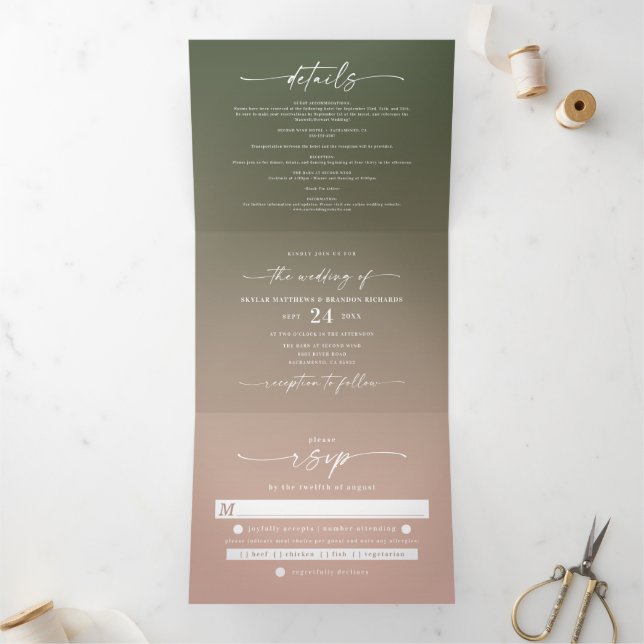 Invitation Trois Volets Mariage Ombre rose pâle et vert simple (Intérieur)