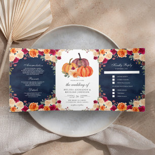 Invitation Trois Volets Mariage Orange Brûlé Bourgogne Floral Citrouille M