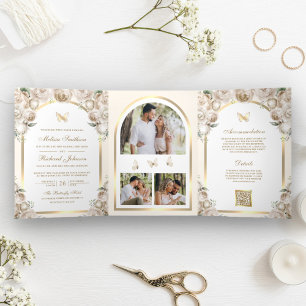 Invitation Trois Volets Mariage Papillon Arc Doré Fleur Crème d'Ivoire