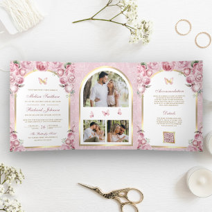 Invitation Trois Volets Mariage Papillon Arche Dorée Fleur Rose Rougissant