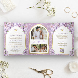 Invitation Trois Volets Mariage Papillon Arche Florale Or Violet Lavande