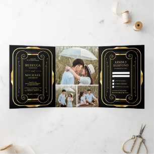 Invitation Trois Volets Mariage photo Art déco Black and Gold Foil