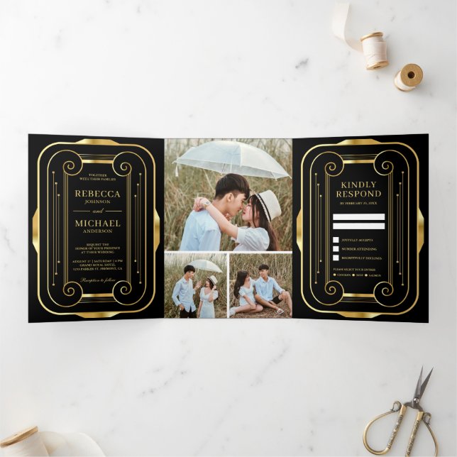 Invitation Trois Volets Mariage photo Art déco Black and Gold Foil (Intérieur)