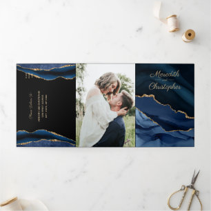 Invitation Trois Volets Mariage photo Blue Agate Gold Parties scintillant 