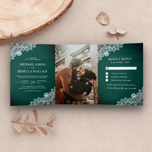 Invitation Trois Volets Mariage Photo Bois Vert Campagne Rustique Dentelle