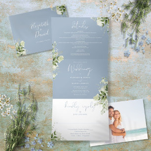 Invitation Trois Volets Mariage photo botanique moderne de couleur bleu po