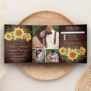 Invitation Trois Volets Mariage Photo Collage de Tournesols en Bois de Gra