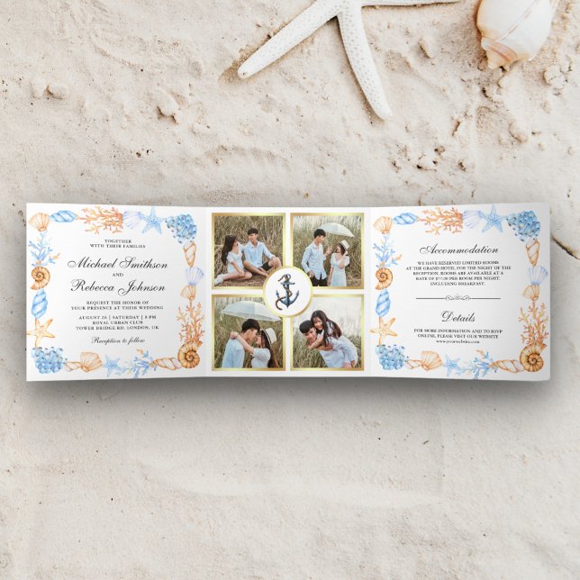 Invitation Trois Volets Mariage photo Collage des coquillages nautiques (Créateur téléchargé)