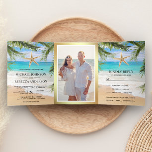 Invitation Trois Volets Mariage Photo de Plage Tropicale Palmiers Étoile d