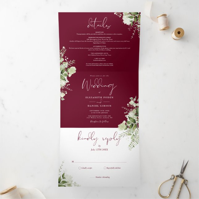 Invitation Trois Volets Mariage photo de verdure botanique de Bourgogne  (Intérieur)