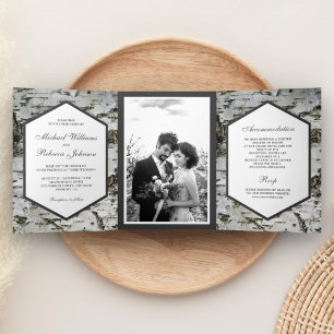 Invitation Trois Volets Mariage Photo d'Écorce d'Arbre de Birch Campagnard