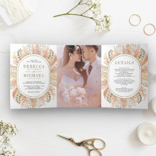Invitation Trois Volets Mariage photo en laiton Rustique Boho séché Pampas