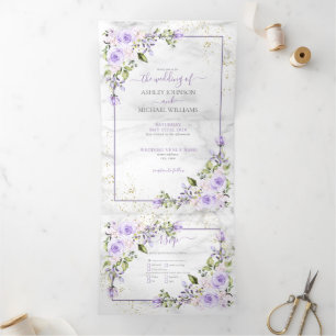 Invitation Trois Volets Mariage photo en marbre doré Lavande rustique Lila