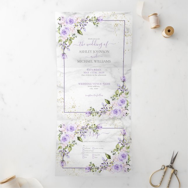 Invitation Trois Volets Mariage photo en marbre doré Lavande rustique Lila (Intérieur)