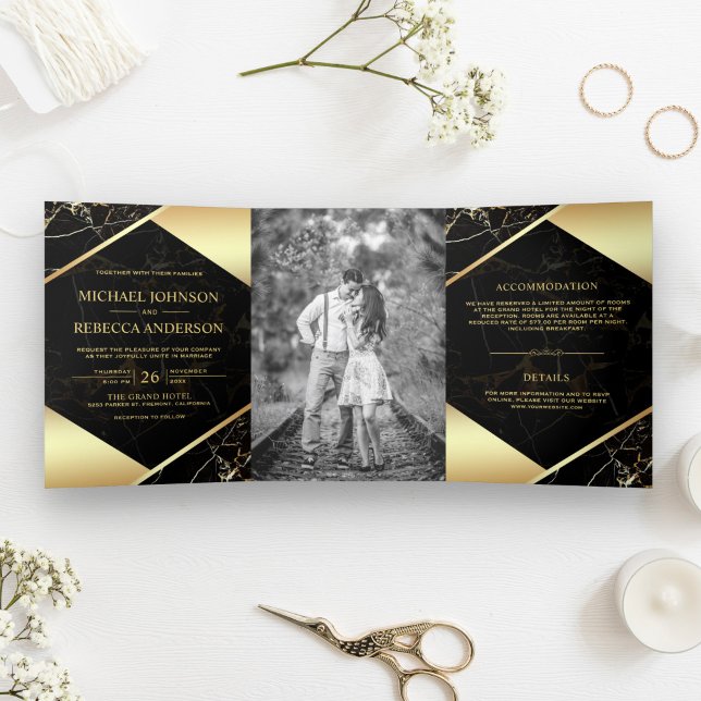 Invitation Trois Volets Mariage photo en marbre noir géométrique or (Créateur téléchargé)