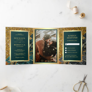 Invitation Trois Volets Mariage photo en marbre Turquoise Gold Parties sci