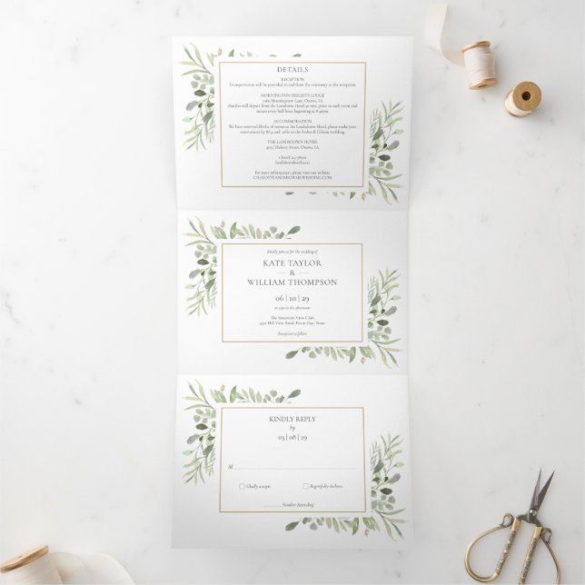 Invitation Trois Volets Mariage photo Feuille Botanical Greenery (Intérieur)