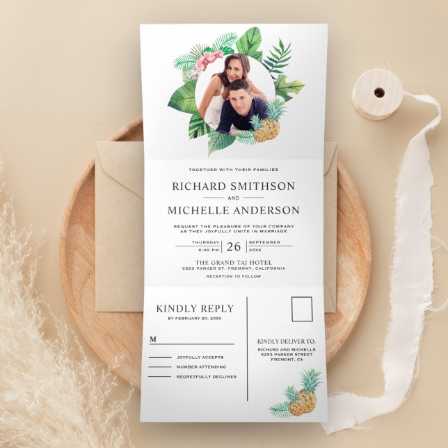 Invitation Trois Volets Mariage photo Feuille de couronnes vertes et blanc (Créateur téléchargé)