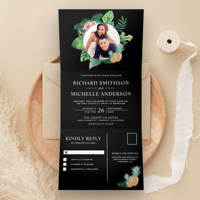 Invitation Trois Volets Mariage photo Feuille de la couronne de palme noir (Créateur téléchargé)