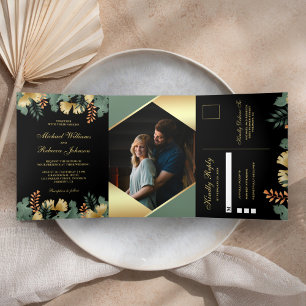 Invitation Trois Volets Mariage photo Feuille géométrique Gold Foil