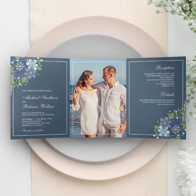 Invitation Trois Volets Mariage photo floral bleu rustique Dusty (Créateur téléchargé)