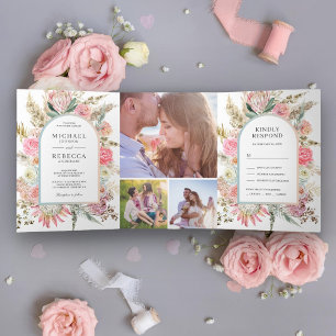 Invitation Trois Volets Mariage Photo Floral Boho Herbe de Pampas Rose Ten
