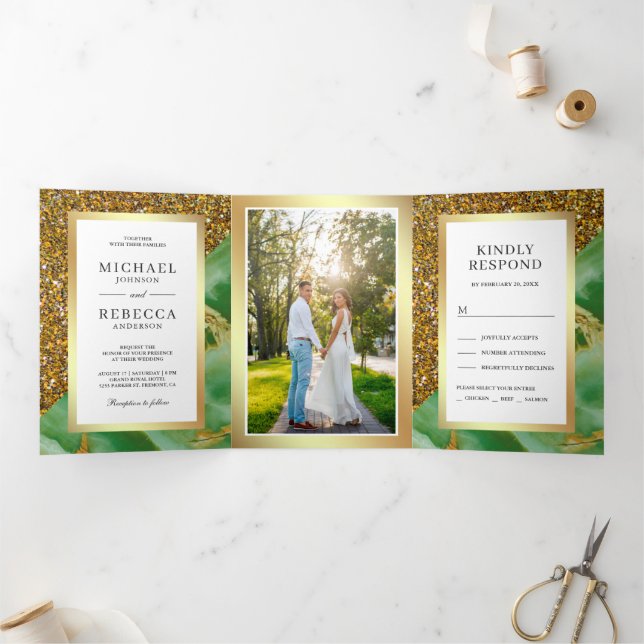 Invitation Trois Volets Mariage photo Gold Parties scintillant Mint Green  (Intérieur)