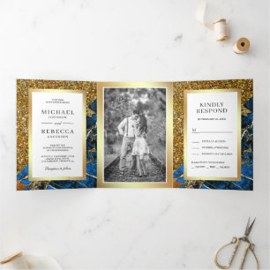 Invitation Trois Volets Mariage photo Gold Parties scintillant Royal Blue 