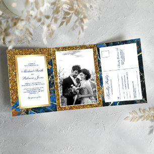 Invitation Trois Volets Mariage Photo Marbre Bleu Royal Pailleté Or