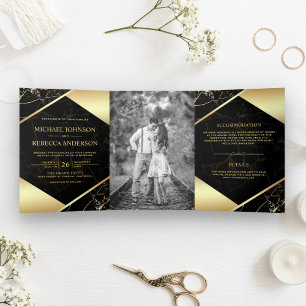 Invitation Trois Volets Mariage Photo Marbre Noir Géométrique Or