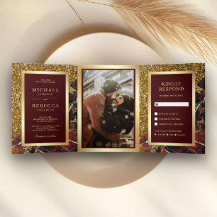 Invitation Trois Volets Mariage Photo Marbre Rouge Bourgogne Paillettes Do