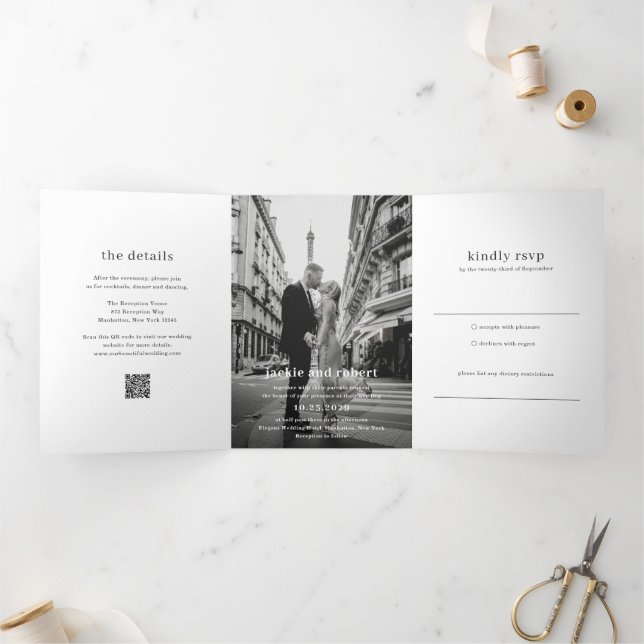 Invitation Trois Volets Mariage photo minimaliste moderne QR Code (Intérieur)