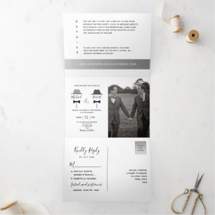 Invitation Trois Volets Mariage photo noir blanc gris