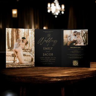 Invitation Trois Volets Mariage photo noir Or tout en un code QR