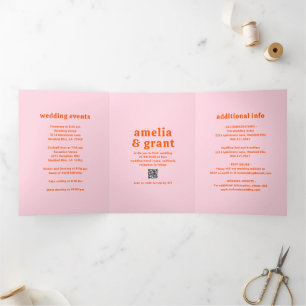 Invitation Trois Volets Mariage photo Retro Font orange et rose QR Code