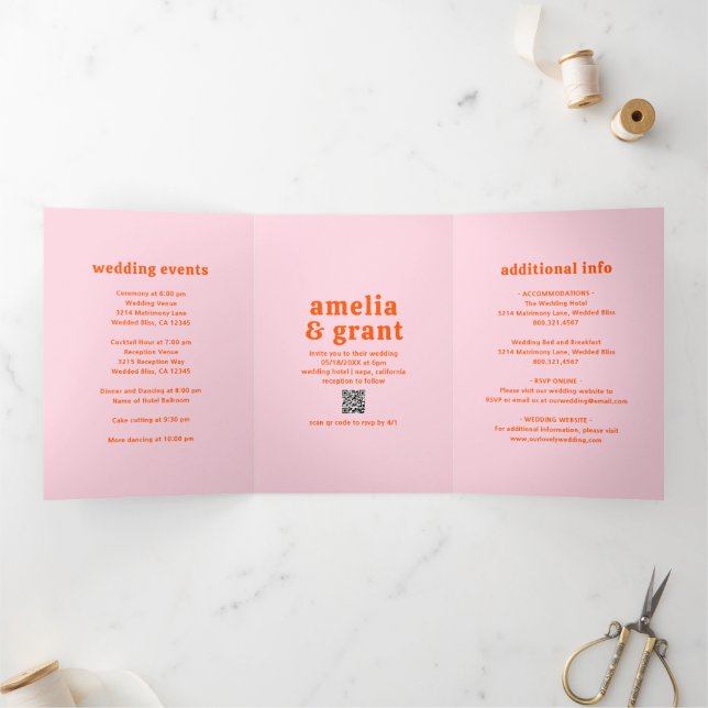 Invitation Trois Volets Mariage photo Retro Font orange et rose QR Code (Intérieur)
