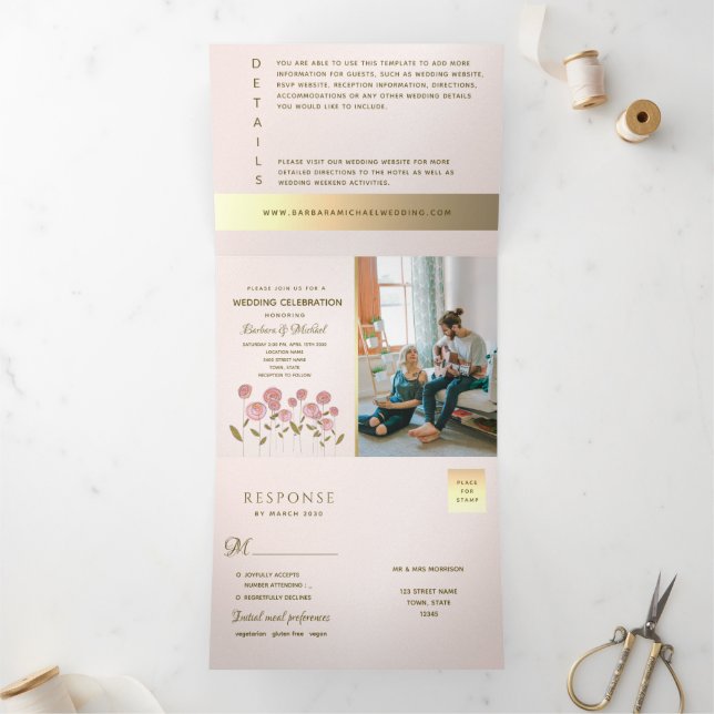 Invitation Trois Volets Mariage photo romantique rose pâle rose (Intérieur)